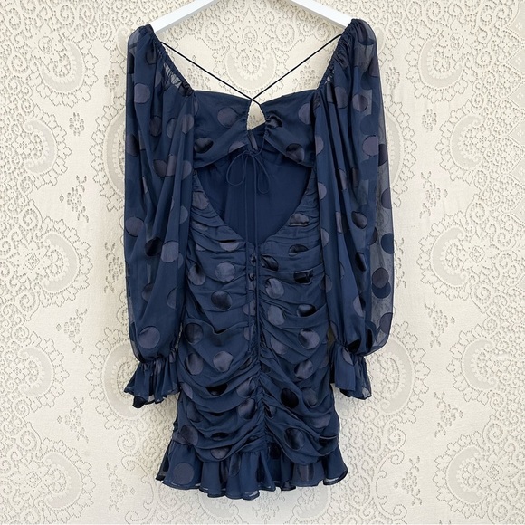 For Love and Lemons Navy Blue Polka Dot Chiffon Ruched Lula Mini Dress - Picture 10 of 16